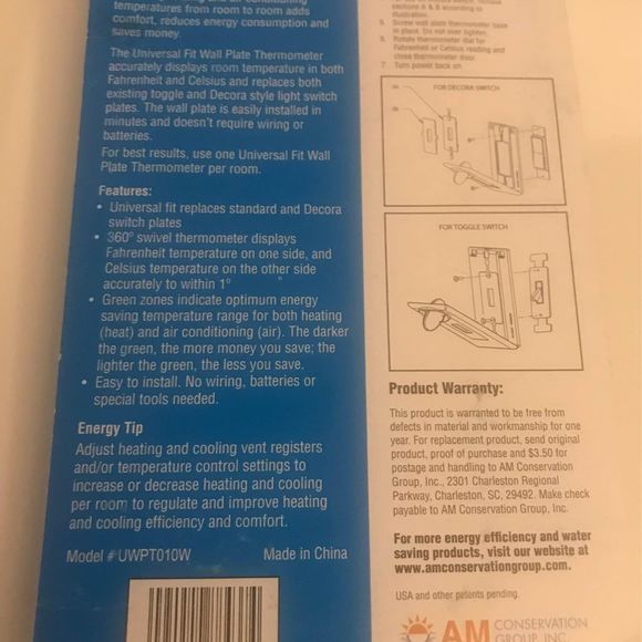 New AM Switch Plate Energy Saver with Swivel Thermometer Universal Fit UWPT010W - Picture 3 of 3